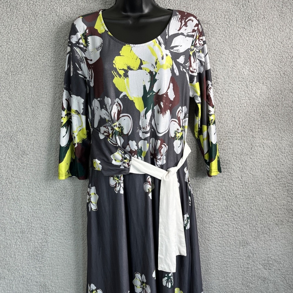 Vintage Floral Maxi Dress Women Size S Gray Yellow Excellent 3/4 Sleeve Belted
